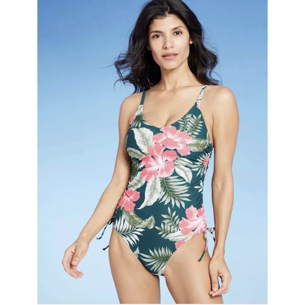 Kona Sol‎ Tropical Floral One Piece Swimsuit Ruched Adjustable L NWT